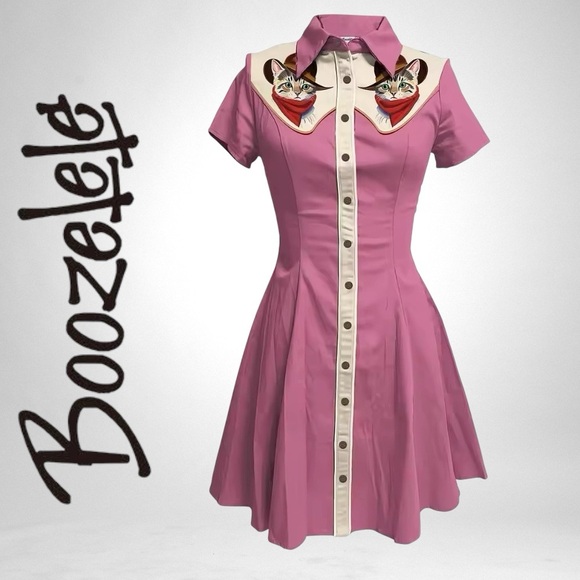 BOOZELELE Retro Pink Cat Cowboy Print Button Down Western Pin-up Swing Dress 2XL - Picture 1 of 14